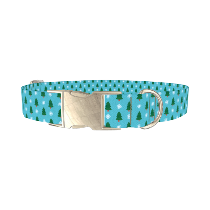 Blue Christmas Trees Dog Collar - metal silver