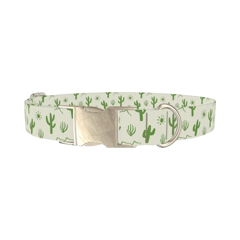 Green Cactus Landscape Dog Collar - metal silver