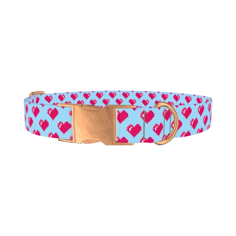 Pixel Heart Blue Dog Collar - metal rose gold