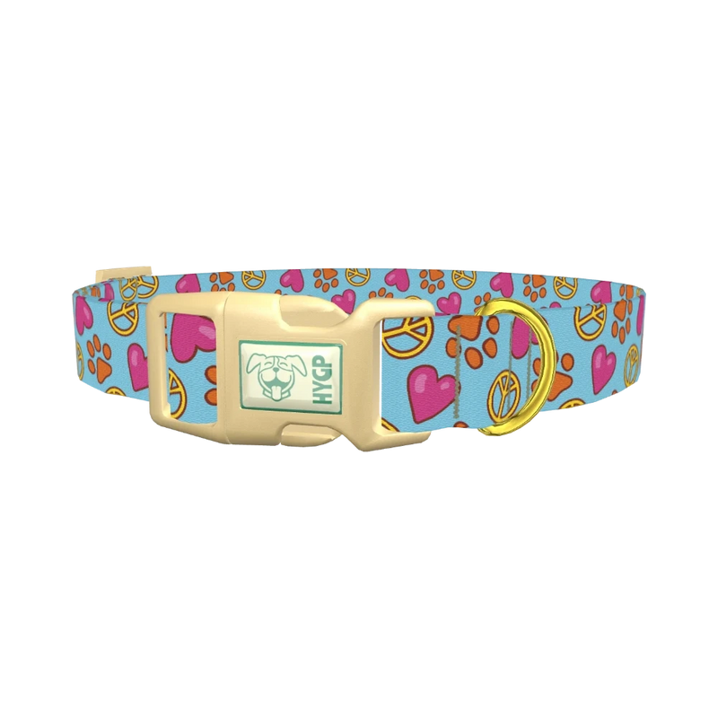 Peace Love Paw Dog Collar - plastic gold