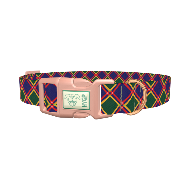 Festive Blue Plaid Dog Collar - plastic rose gold