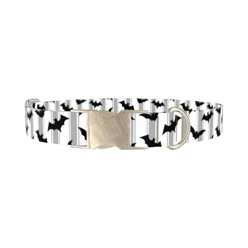 Striped Bat Halloween Dog Collar - metal silver