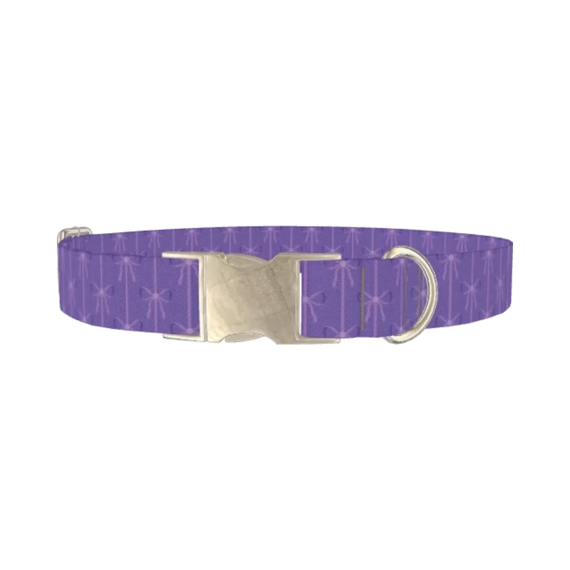 Purple Bow Pattern Dog Collar - metal silver