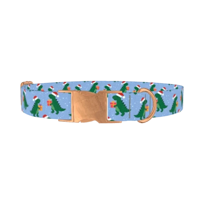 Christmas Dinosaur Dog Collar - metal rose gold