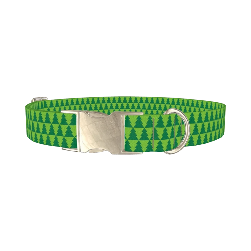Green Christmas Tree Pattern Dog Collar - metal silver