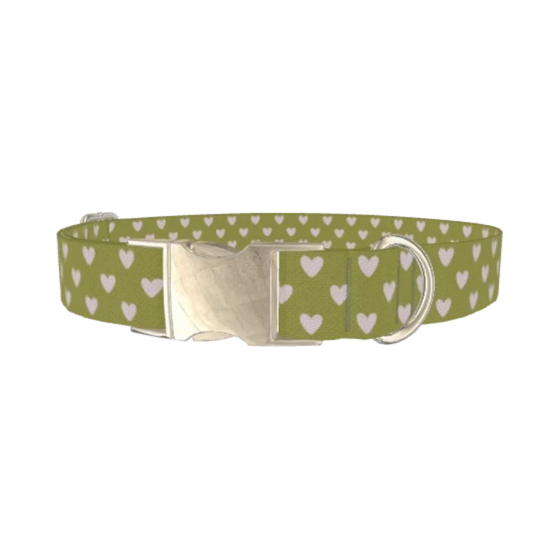 Moss Green Heart Dog Collar - metal silver