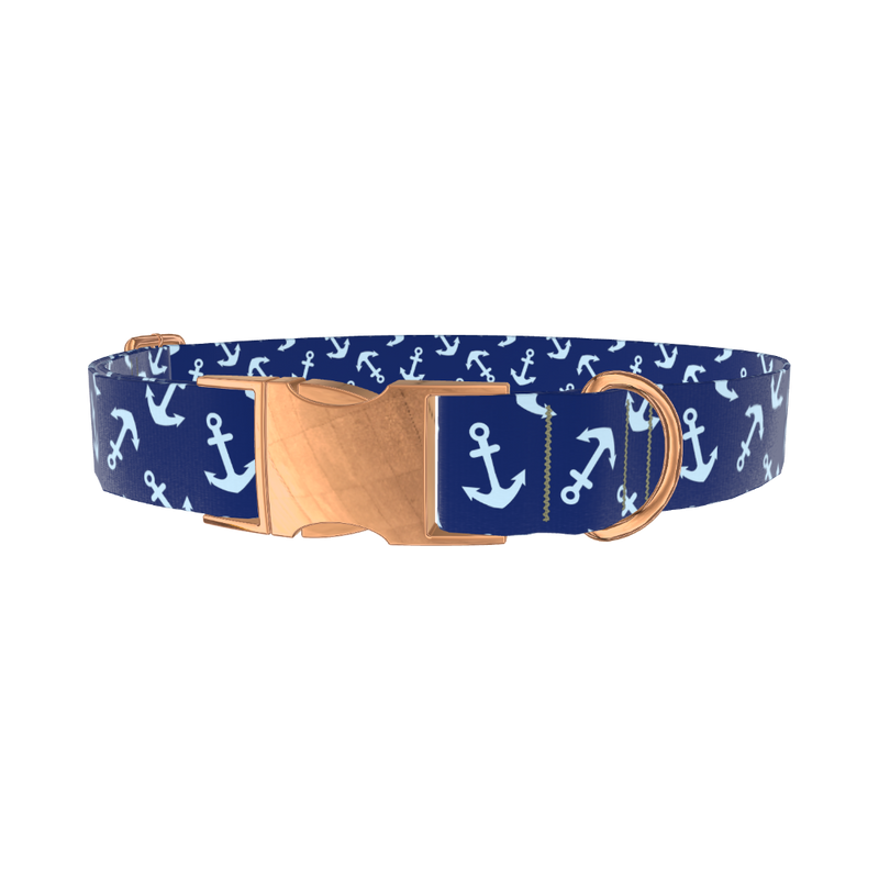 Blue Anchor Pattern Dog Collar - metal silver