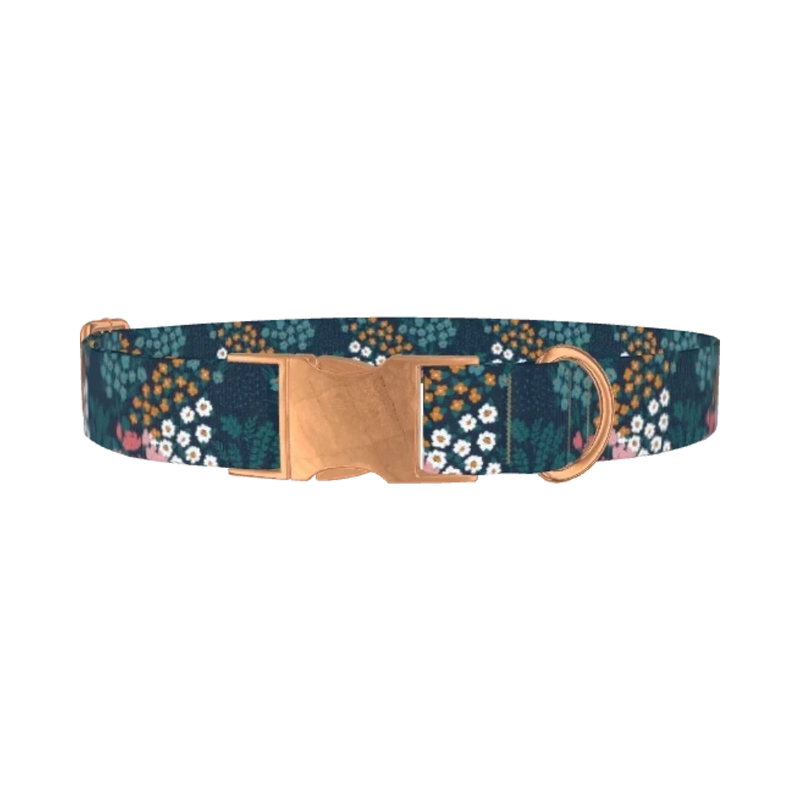 Navy Floral Garden Dog Collar - metal rose gold