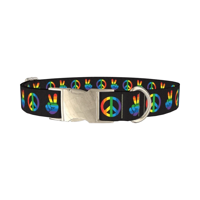 Rainbow Peace Dog Collar - metal silver