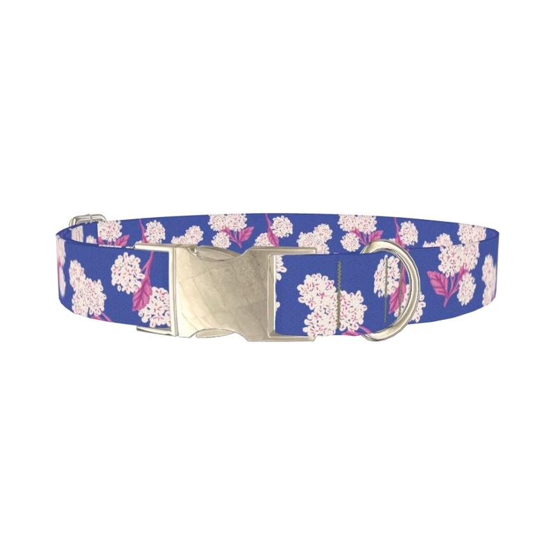 Blue Hydrangea Pattern Dog Collar - metal silver