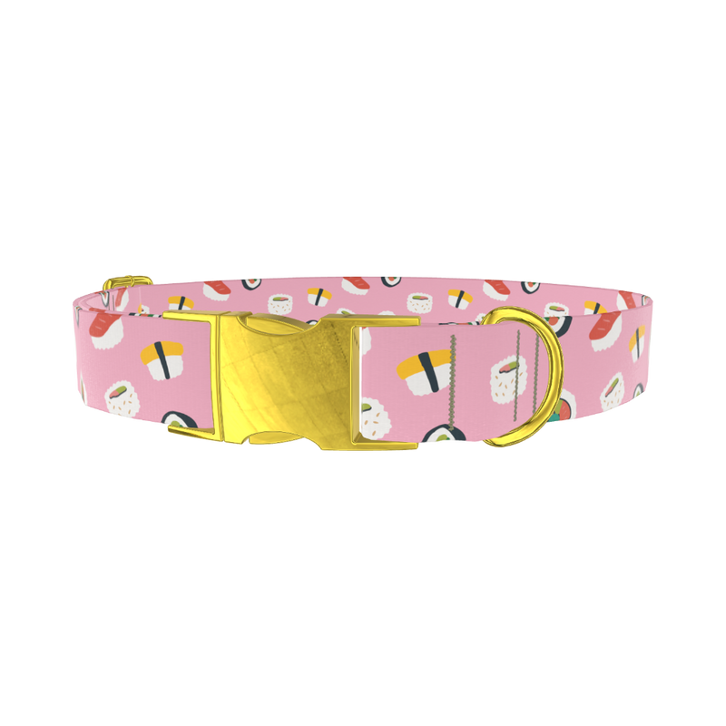 Pink Sushi Pattern Dog Collar - metal gold