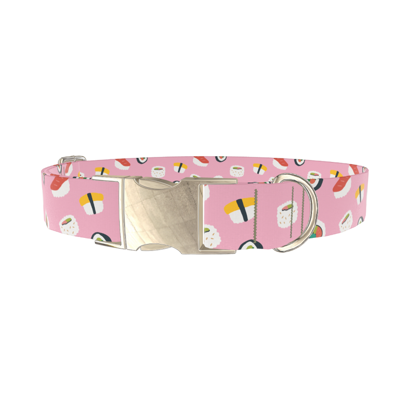 Pink Sushi Pattern Dog Collar - metal silver