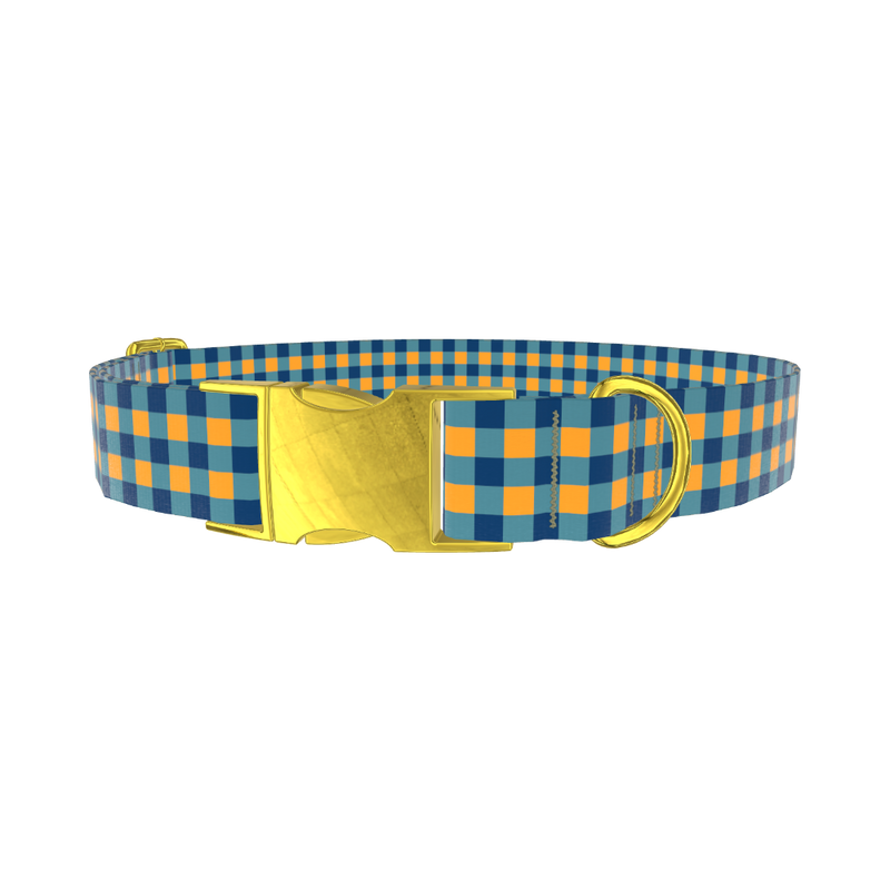 Yellow Blue Checkered Dog Collar - metal rose gold