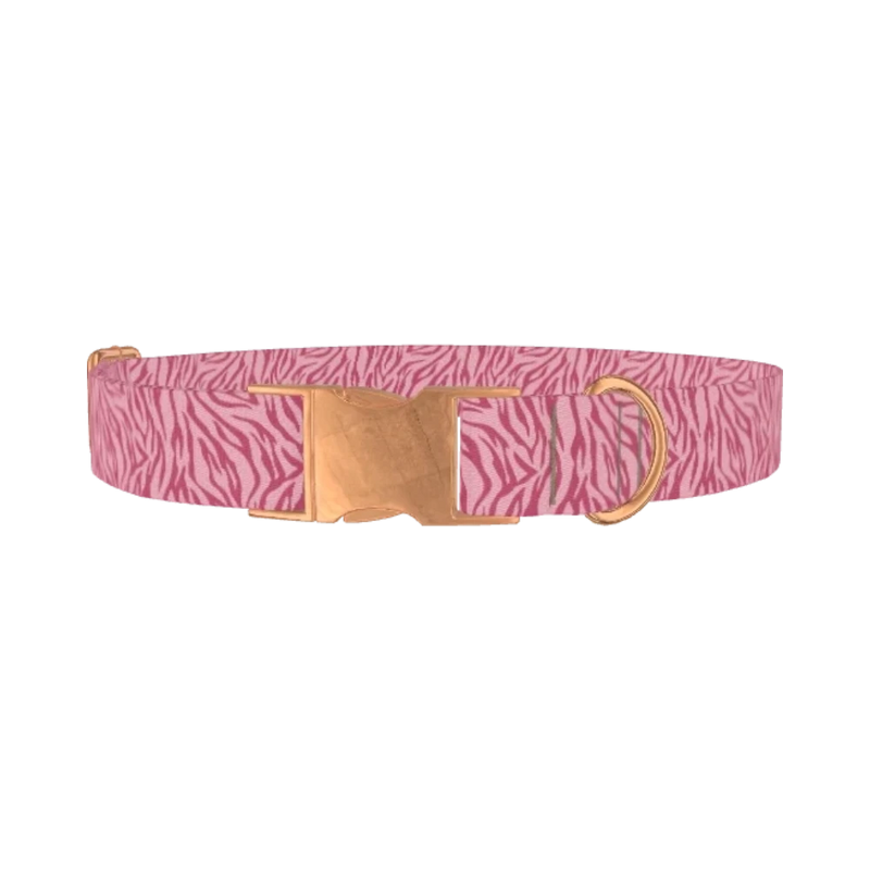 Pink Zebra Stripe Dog Collar - metal rose gold