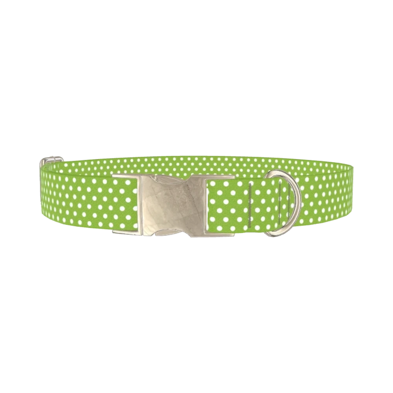 Lime Green Polka Dot Dog Collar - metal silver