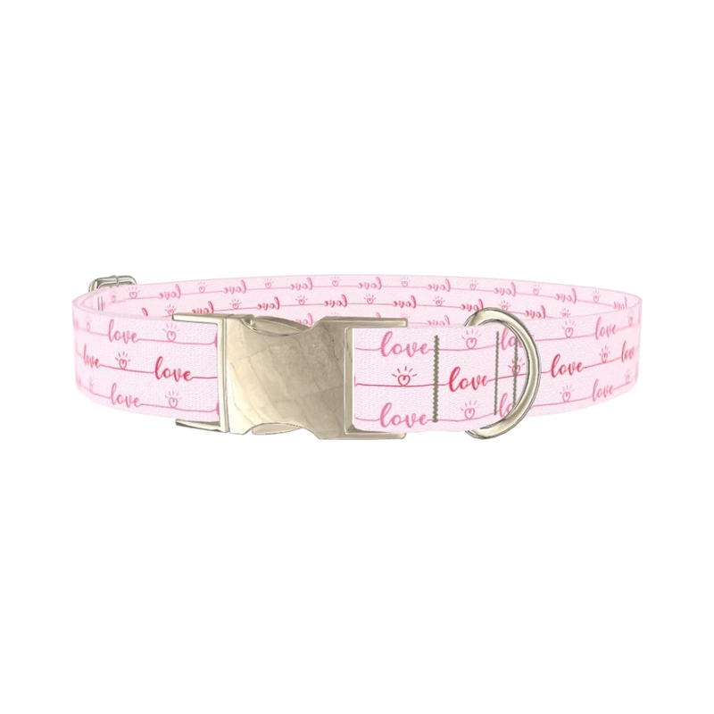 Pink Love Script Dog Collar - metal silver