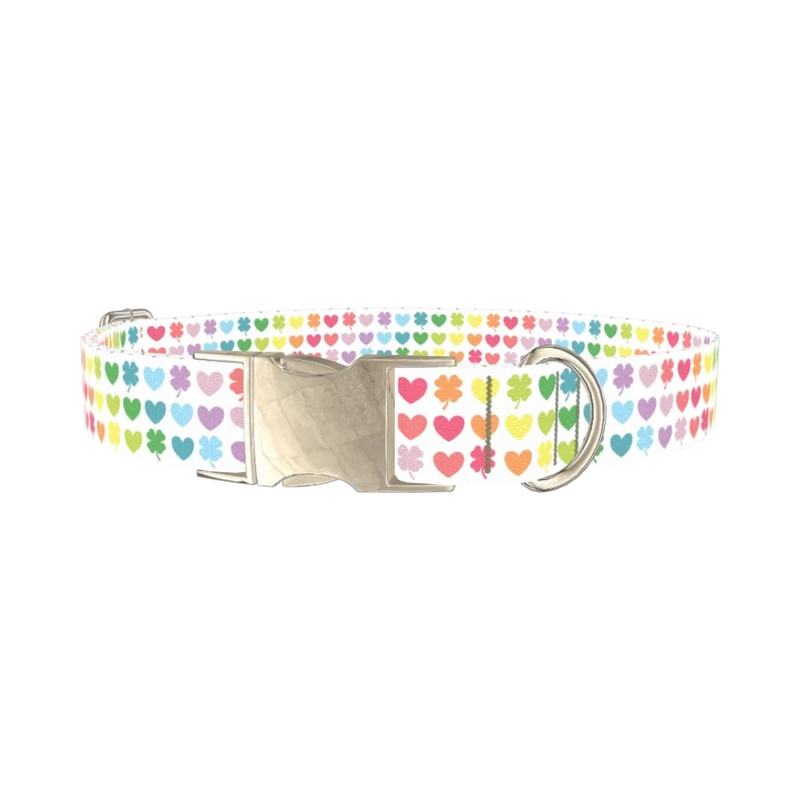 Rainbow Heart and Clover Dog Collar - metal silver