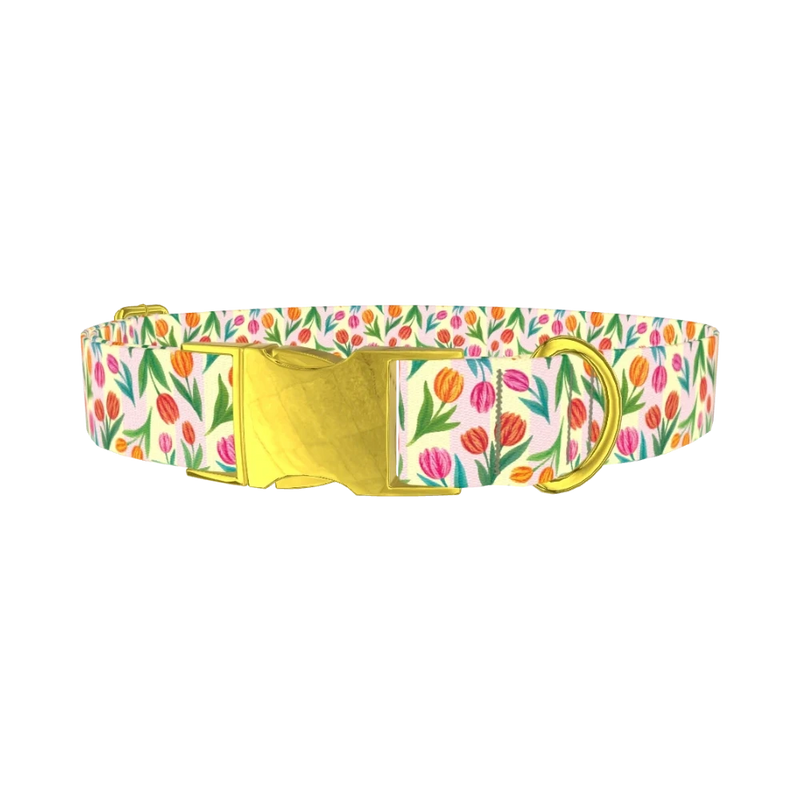Floral Tulip Stripes Dog Collar - metal gold
