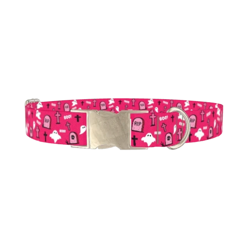 Pink Halloween Graveyard Dog Collar - metal silver
