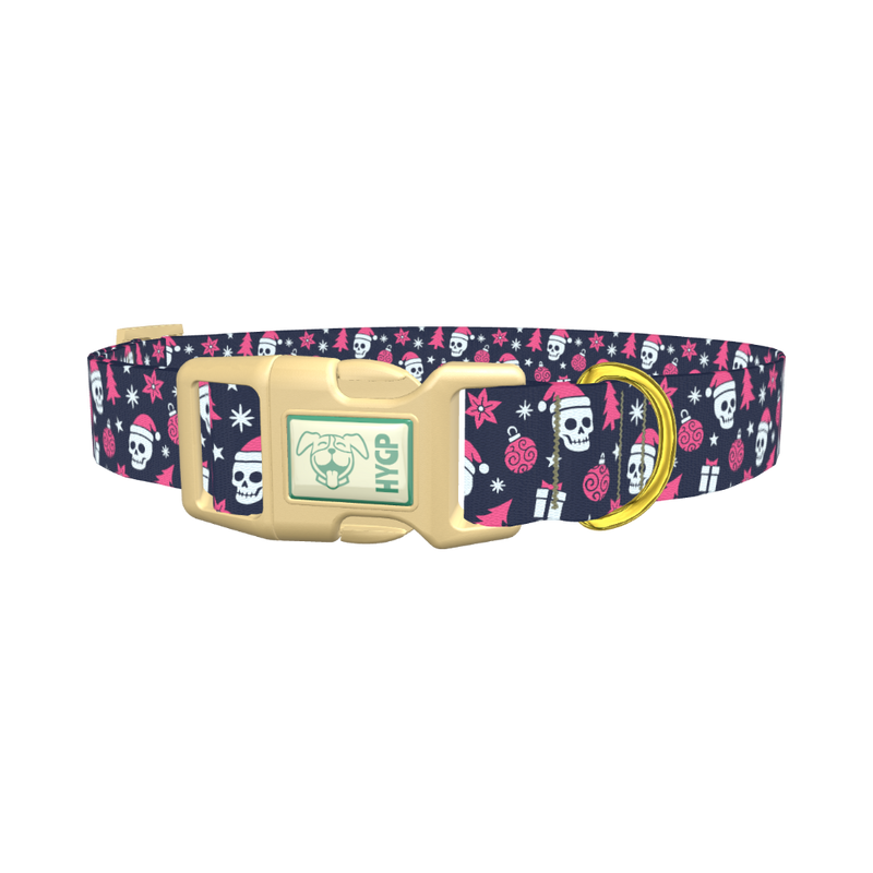Christmas Gothic Skulls Dog Collar - plastic gold