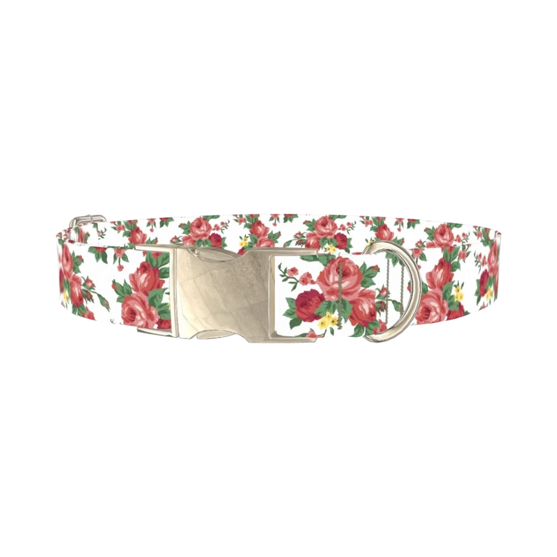 Pink Rose Garden Dog Collar - metal silver