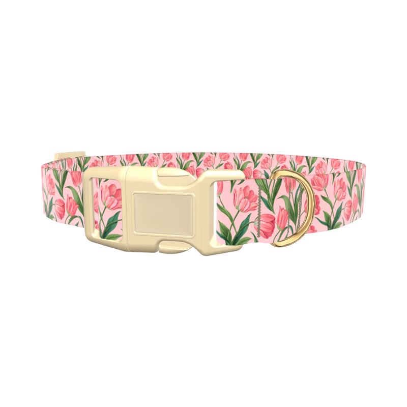 Pink Tulip Blossom Dog Collar - plastic silver