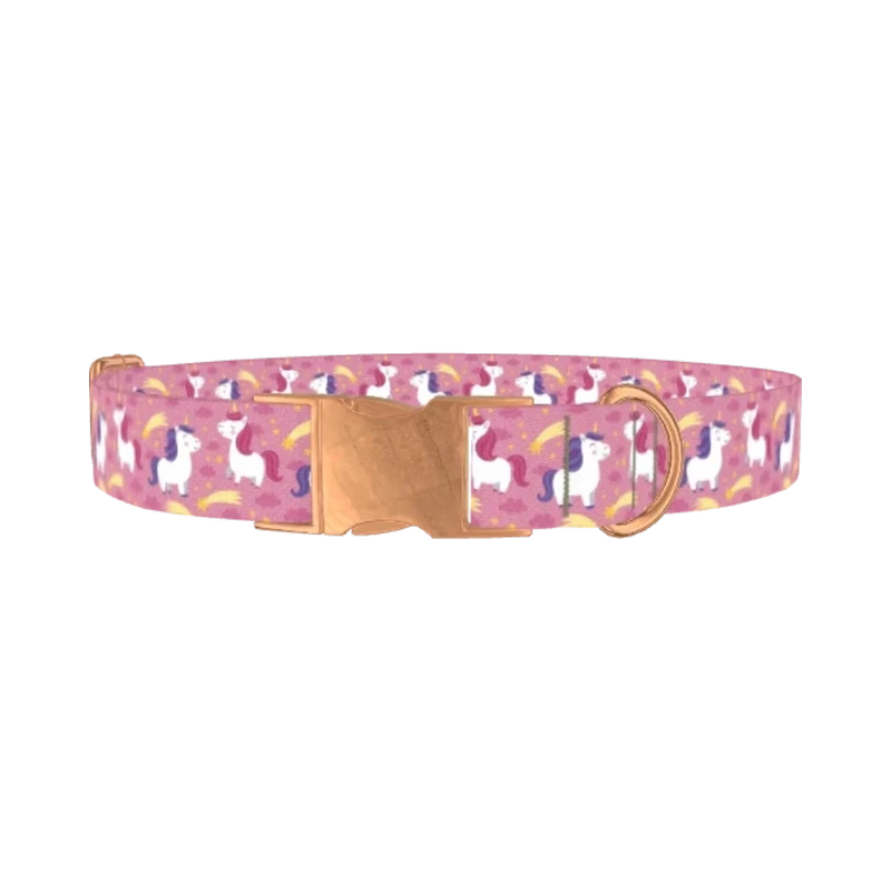 Pink Unicorn Stars Dog Collar - metal rose gold