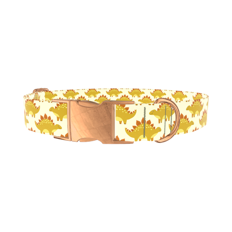Yellow Stegosaurus Dog Collar - metal rose gold