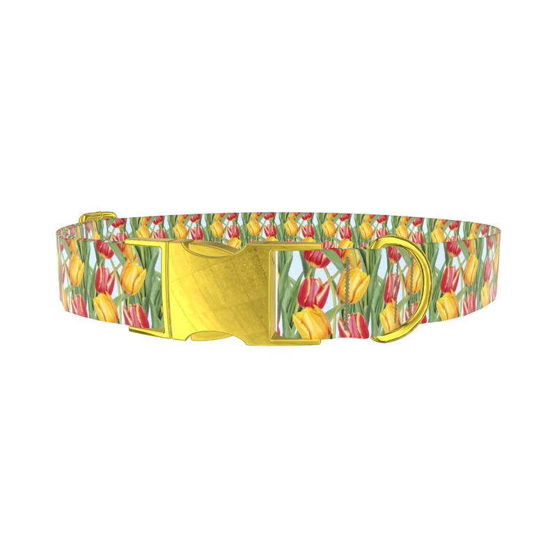 Red Yellow Tulip Dog Collar - metal gold