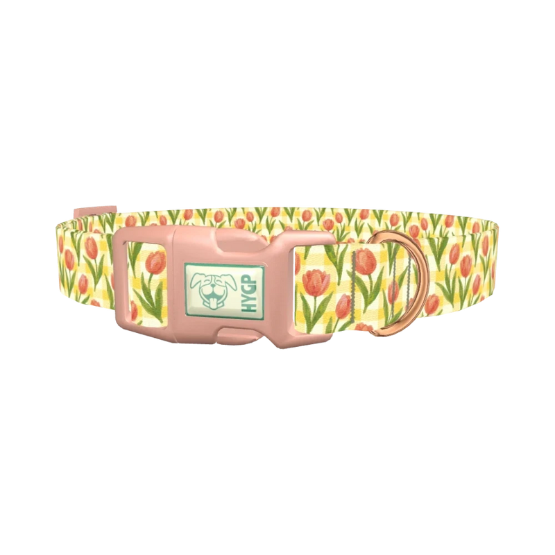Floral Tulip Plaid Dog Collar - plastic rose gold
