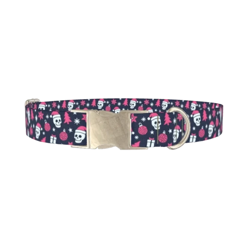 Christmas Gothic Skulls Dog Collar - metal silver