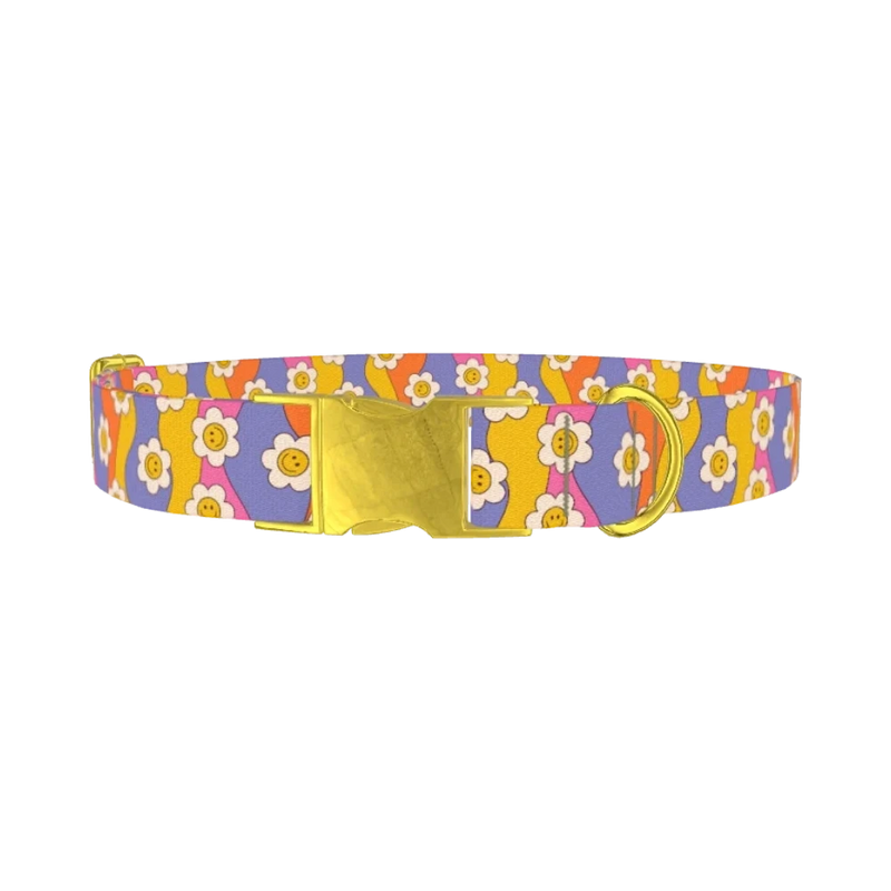 Groovy Smile Flower Dog Collar - metal gold