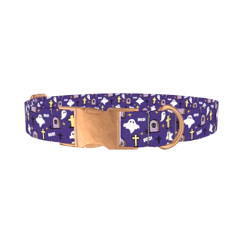 Purple Graveyard Halloween Dog Collar - metal rose gold