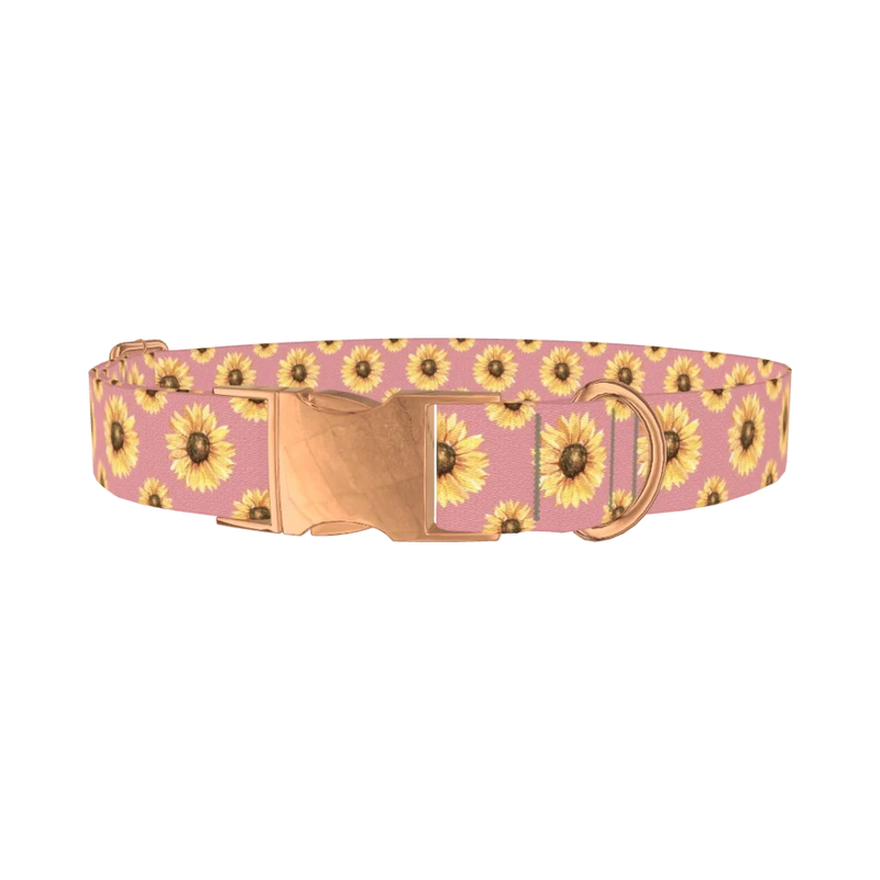 Pink Sunflower Dog Collar - metal rose gold