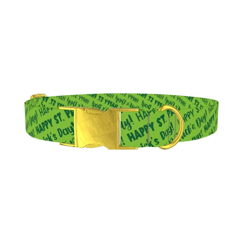 Green St. Patrick's Text Dog Collar - metal gold
