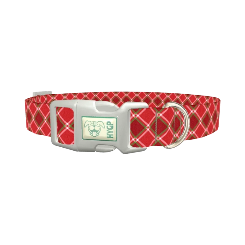 Festive Pink Red Plaid Dog Collar - plastic silver