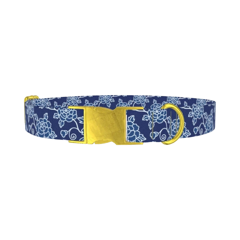 Floral Blue Dog Collar - metal gold