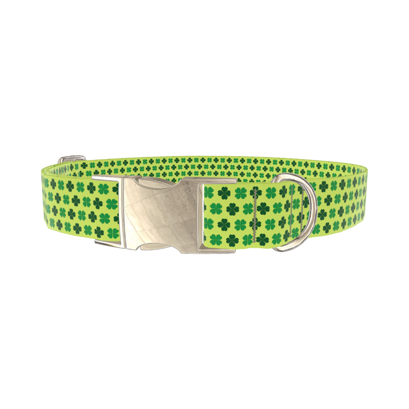Lime Clover Pattern Dog Collar - metal gold