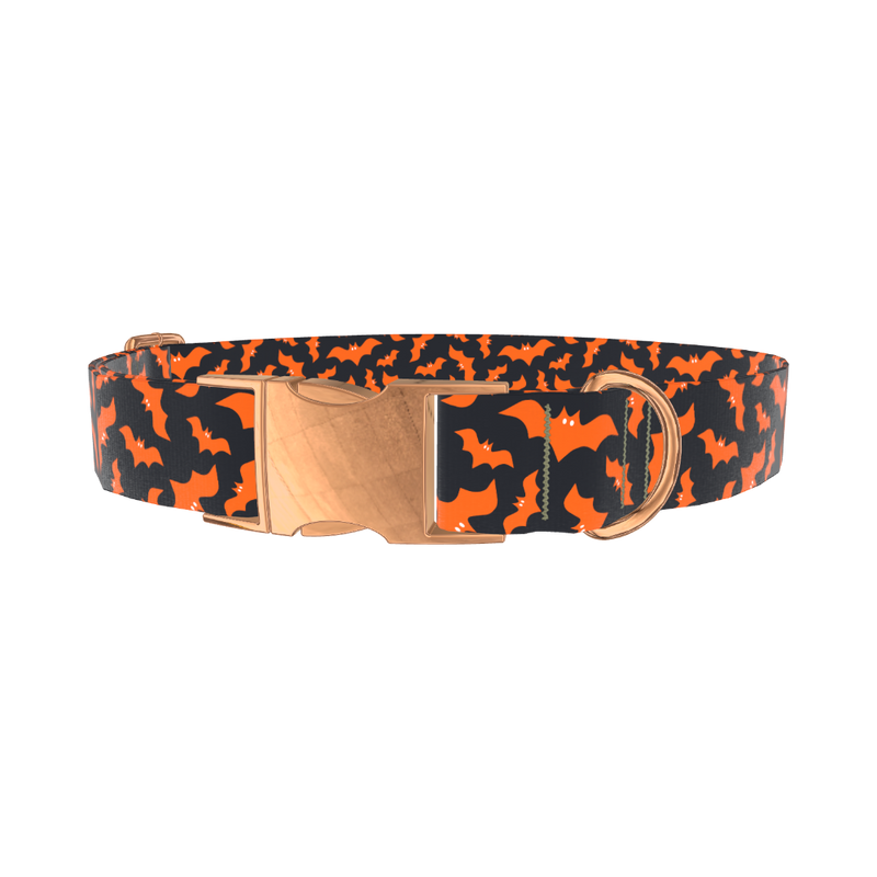 Orange Halloween Bat Pattern Dog Collar - metal silver