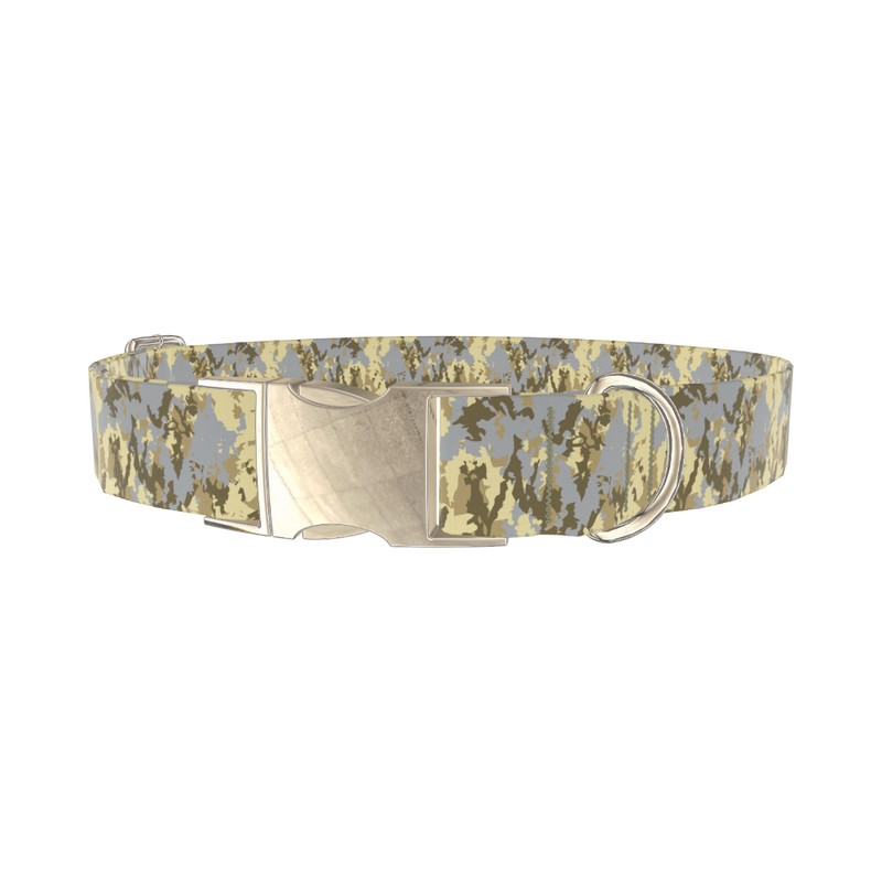 Yellow Grey Camo Dog Collar - metal silver