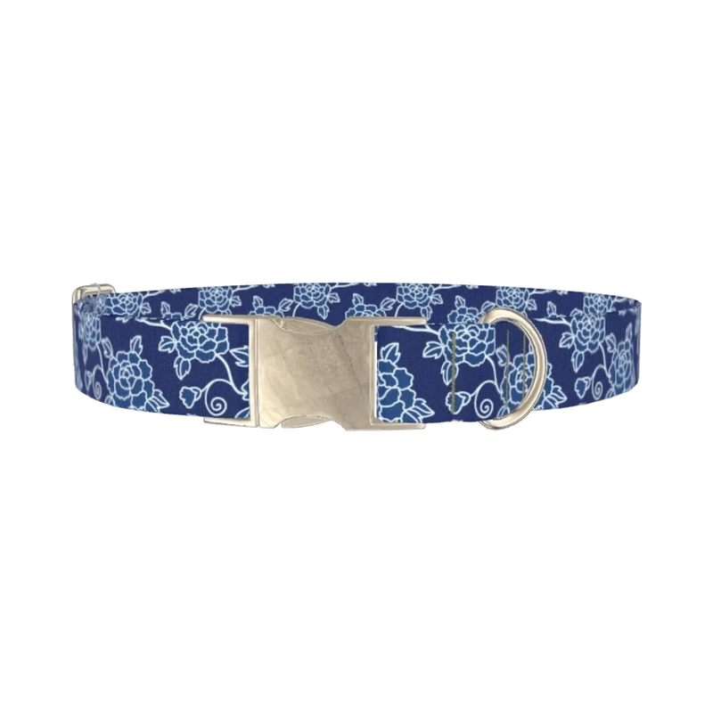 Floral Blue Dog Collar - metal silver