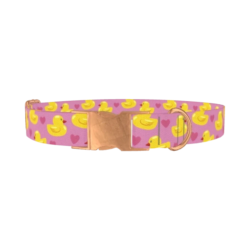 Yellow Duck Heart Dog Collar - metal rose gold