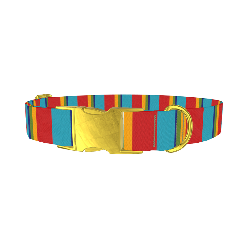 Red Turquoise Stripe Dog Collar - metal gold