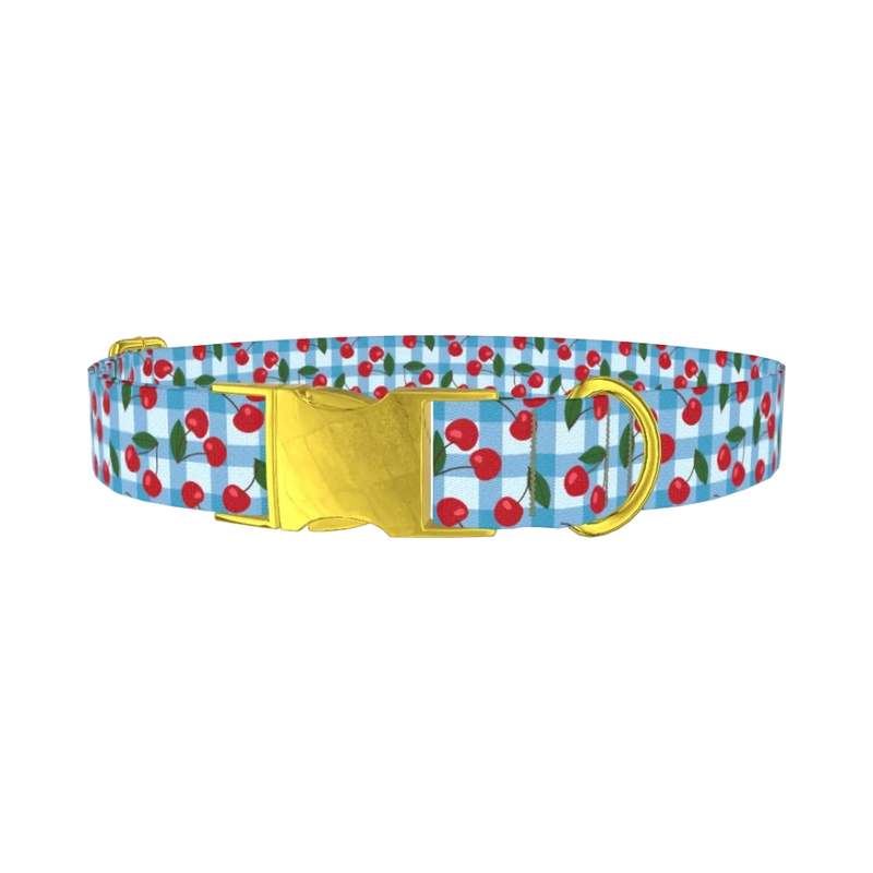 Gingham Cherry Dog Collar - metal gold