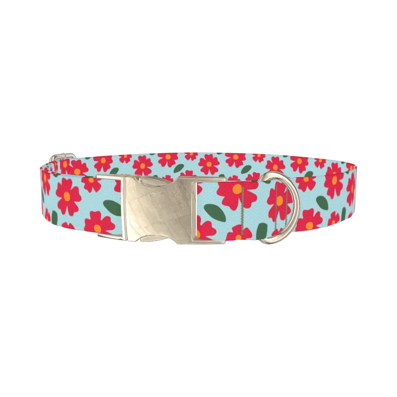 Red Floral Dog Collar - metal silver