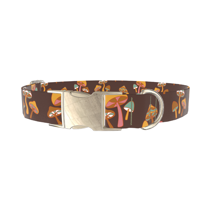 Brown Geometric Mushroom Dog Collar - metal silver