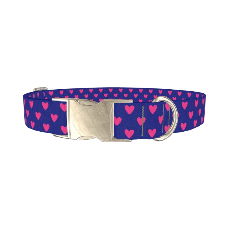 Blue Heart Pattern Dog Collar - metal silver