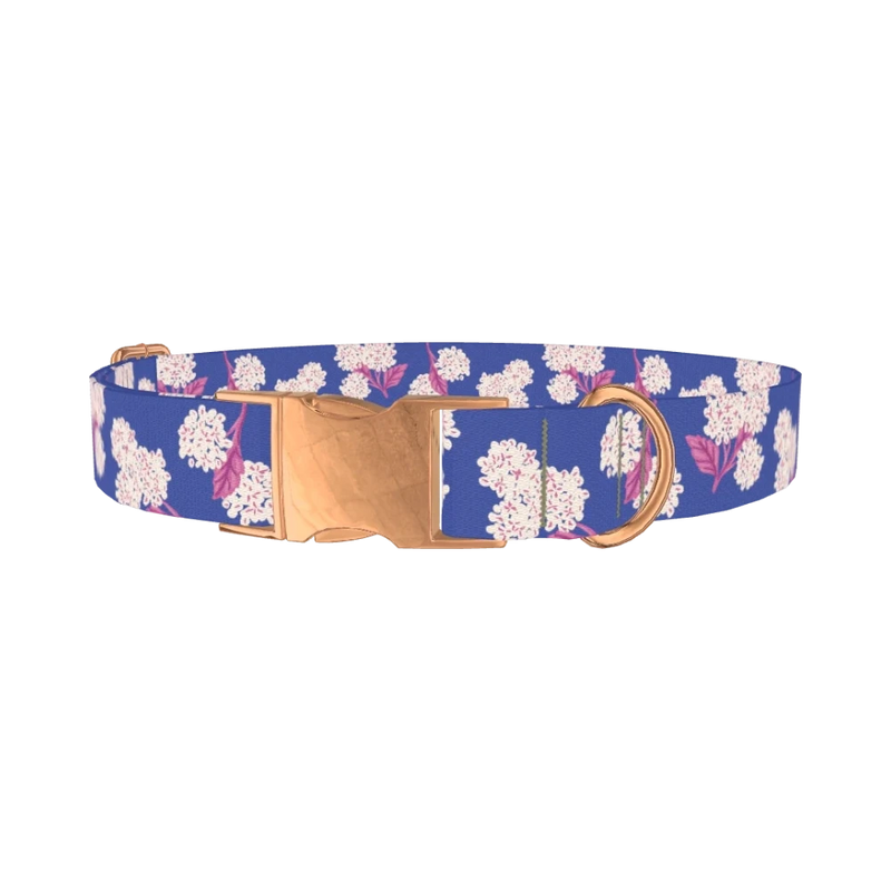 Blue Hydrangea Pattern Dog Collar - metal rose gold