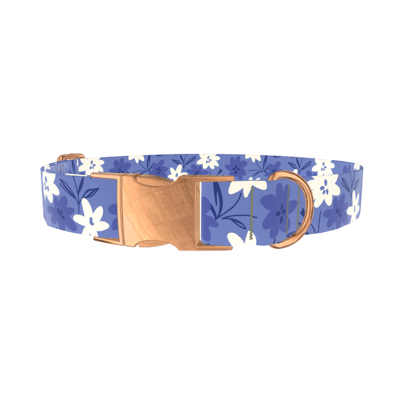 Blue Floral Pattern Dog Collar - metal rose gold