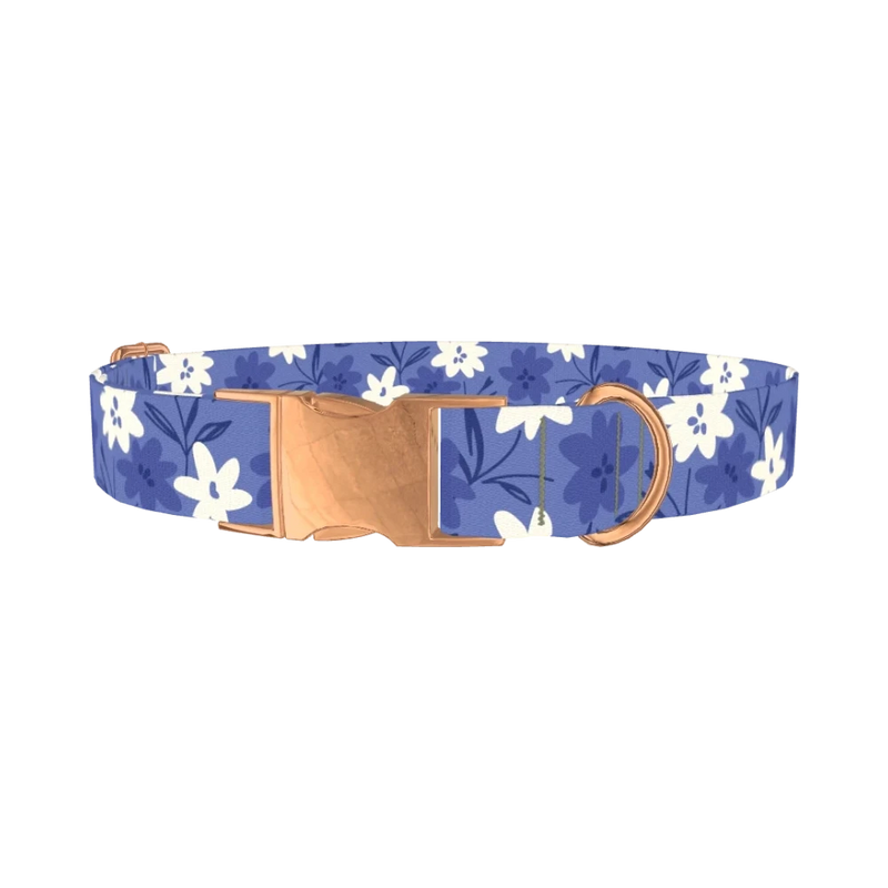 Blue Floral Pattern Dog Collar - metal rose gold